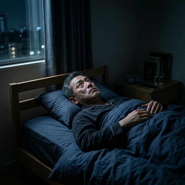 布団の中で眠れずにいる男性