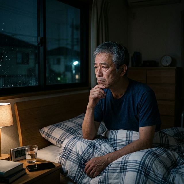早朝に目が覚めて窓を見る男性